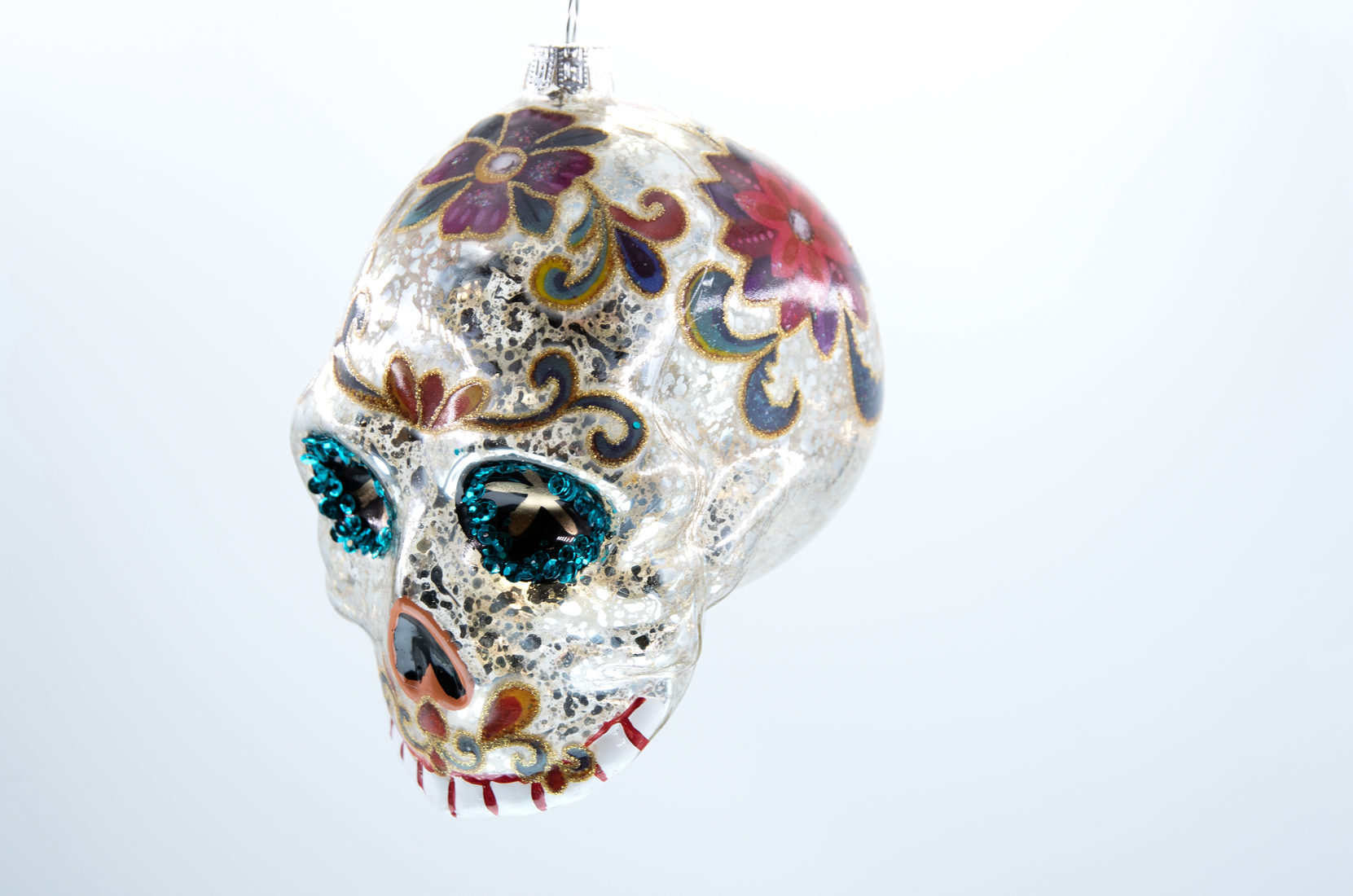Weihnachtsschmuck Hänger Glas Totenkopf mit Blumenmuster