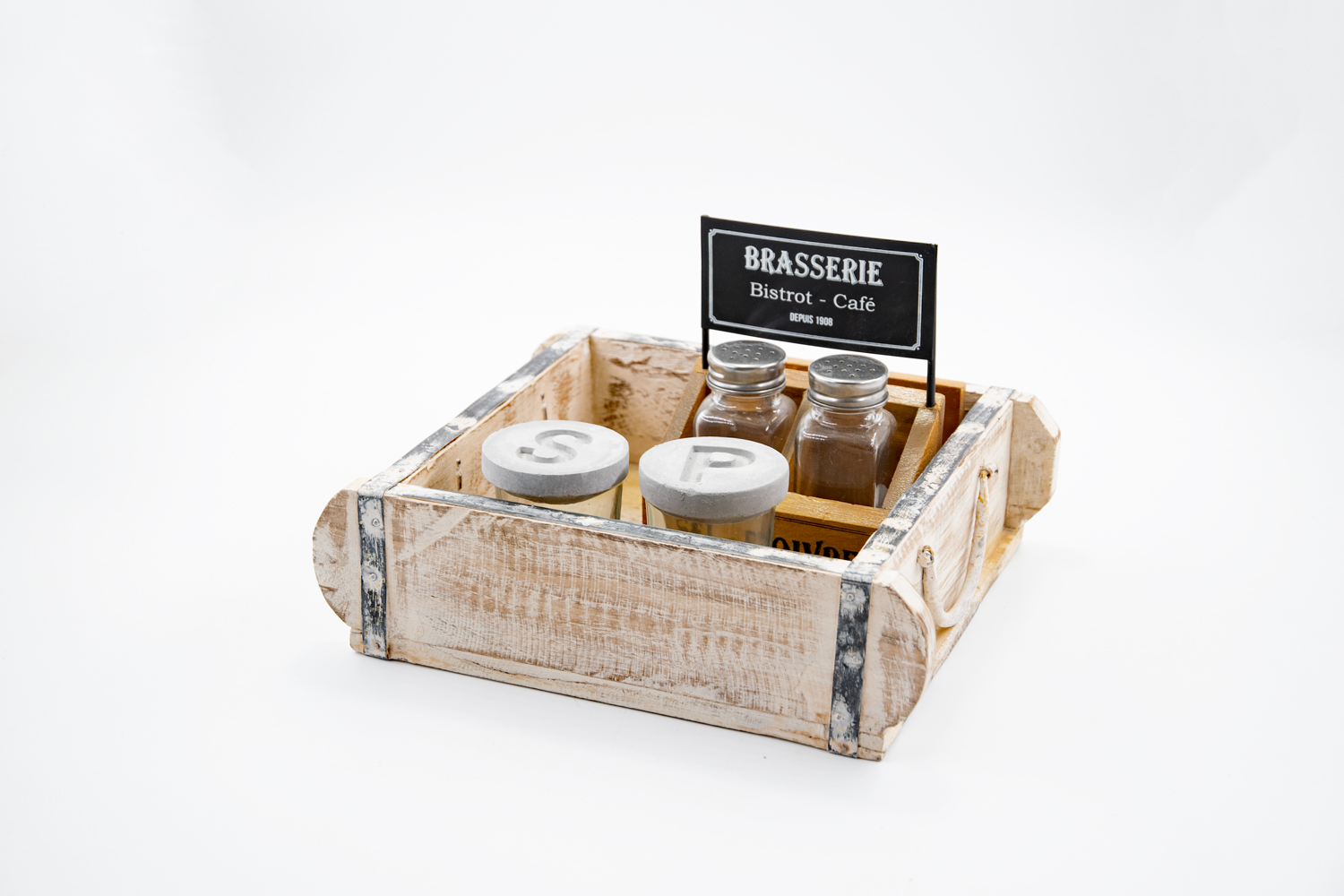 Kasten Ziegelform Holz weiss-gewischt mit Griffen Industriestil Landhausstil