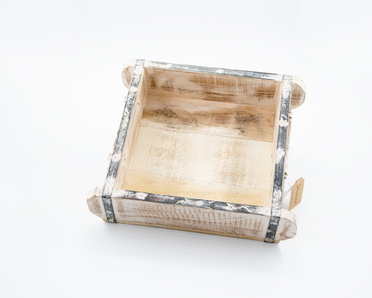 Kasten Ziegelform Holz weiss-gewischt mit Griffen Industriestil Landhausstil