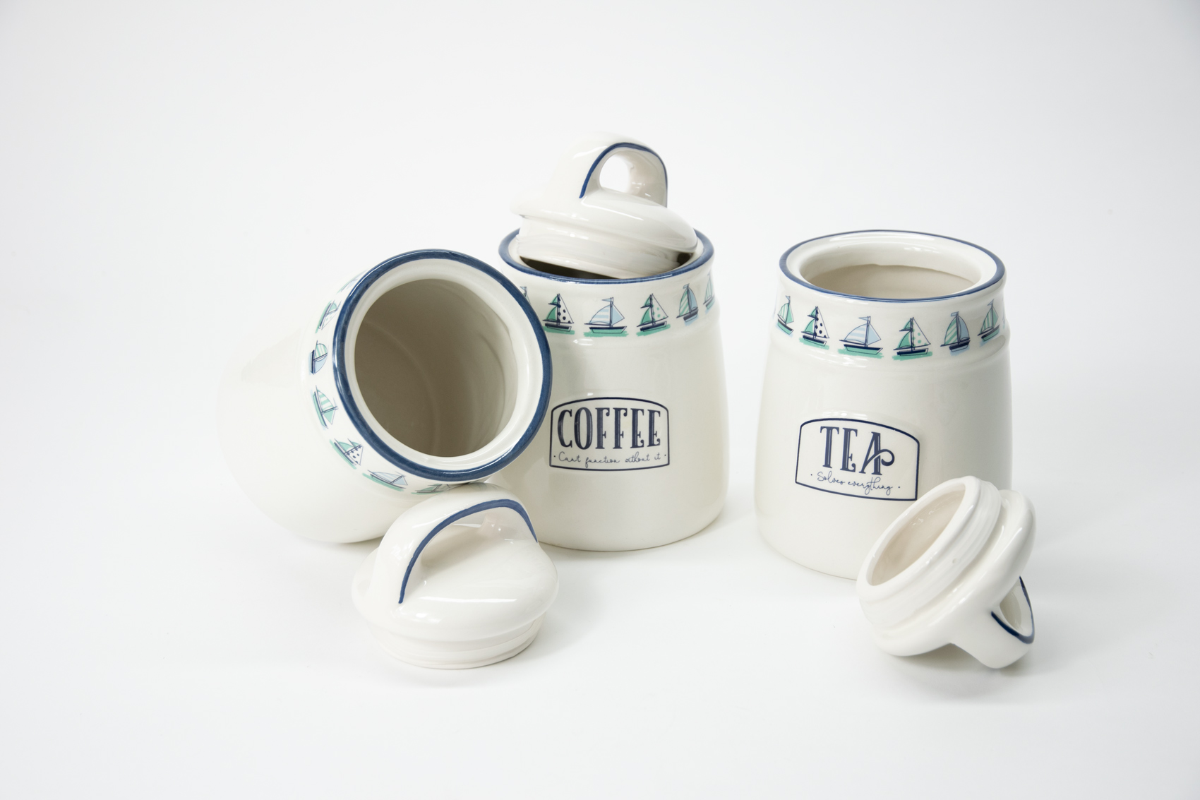 Kaffee-, Tee- & Zuckerdose 3er Set Keramik Maritim Boot Landhausstil