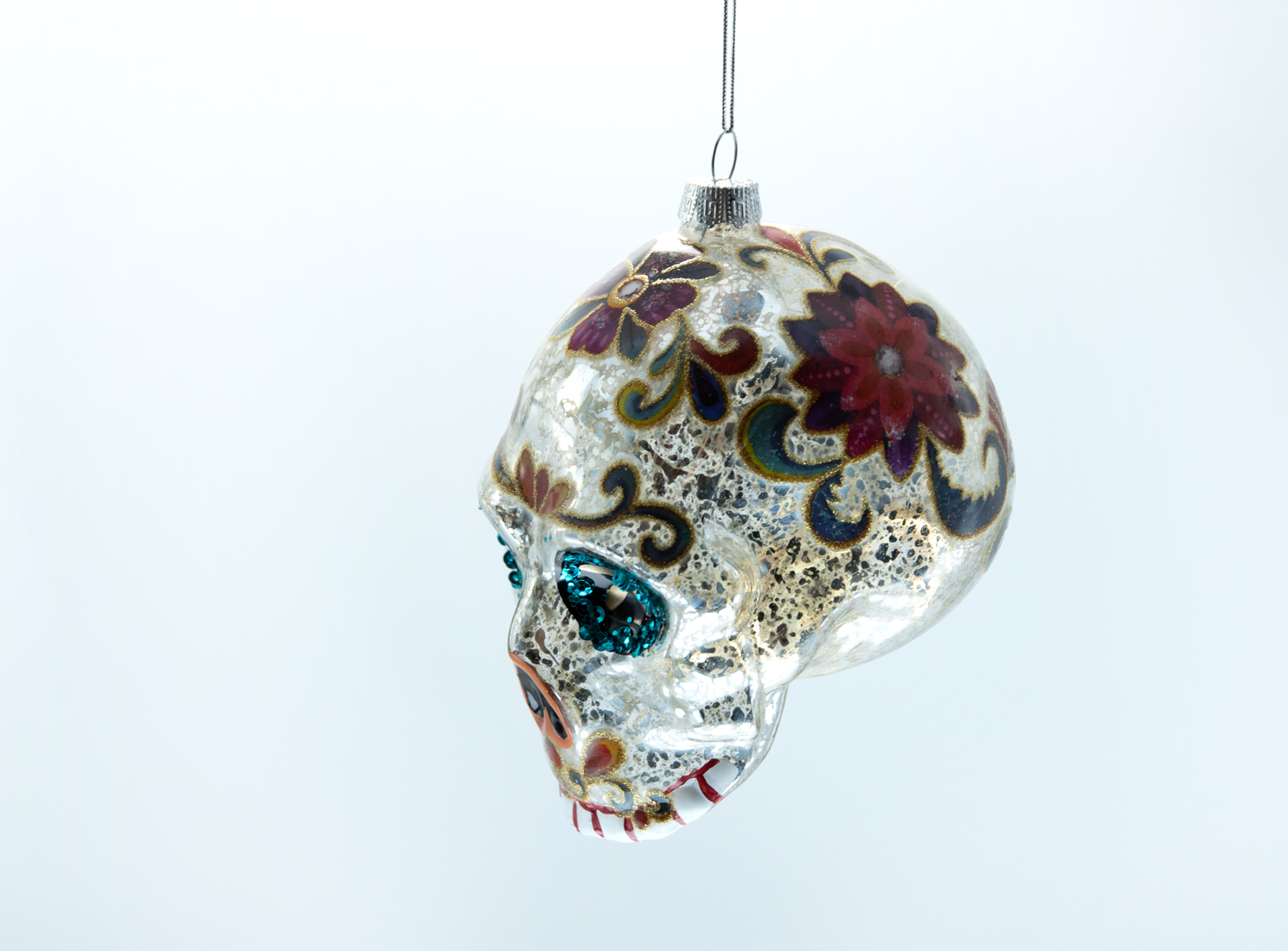 Weihnachtsschmuck Hänger Glas Totenkopf mit Blumenmuster