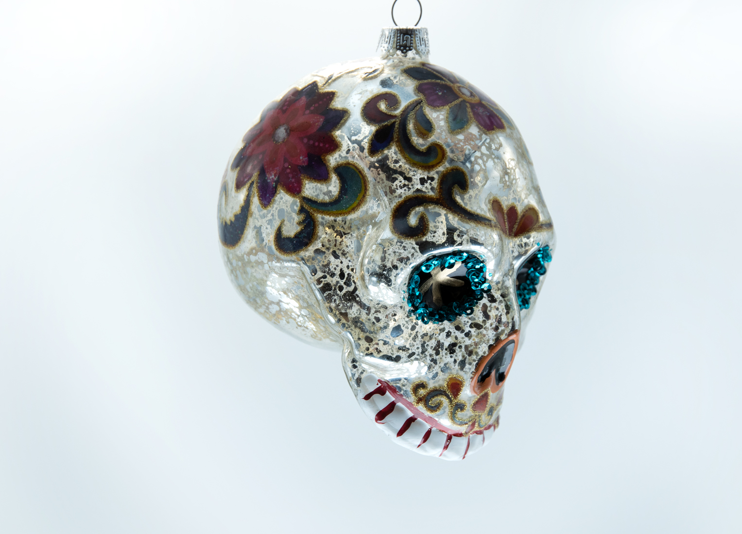 Weihnachtsschmuck Hänger Glas Totenkopf mit Blumenmuster