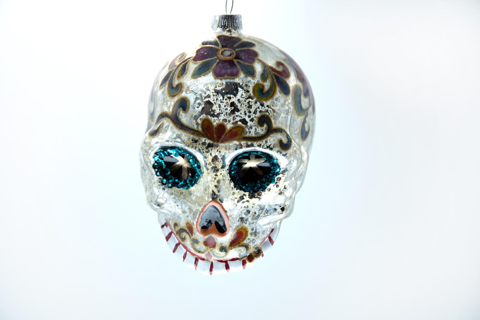 Weihnachtsschmuck Hänger Glas Totenkopf mit Blumenmuster