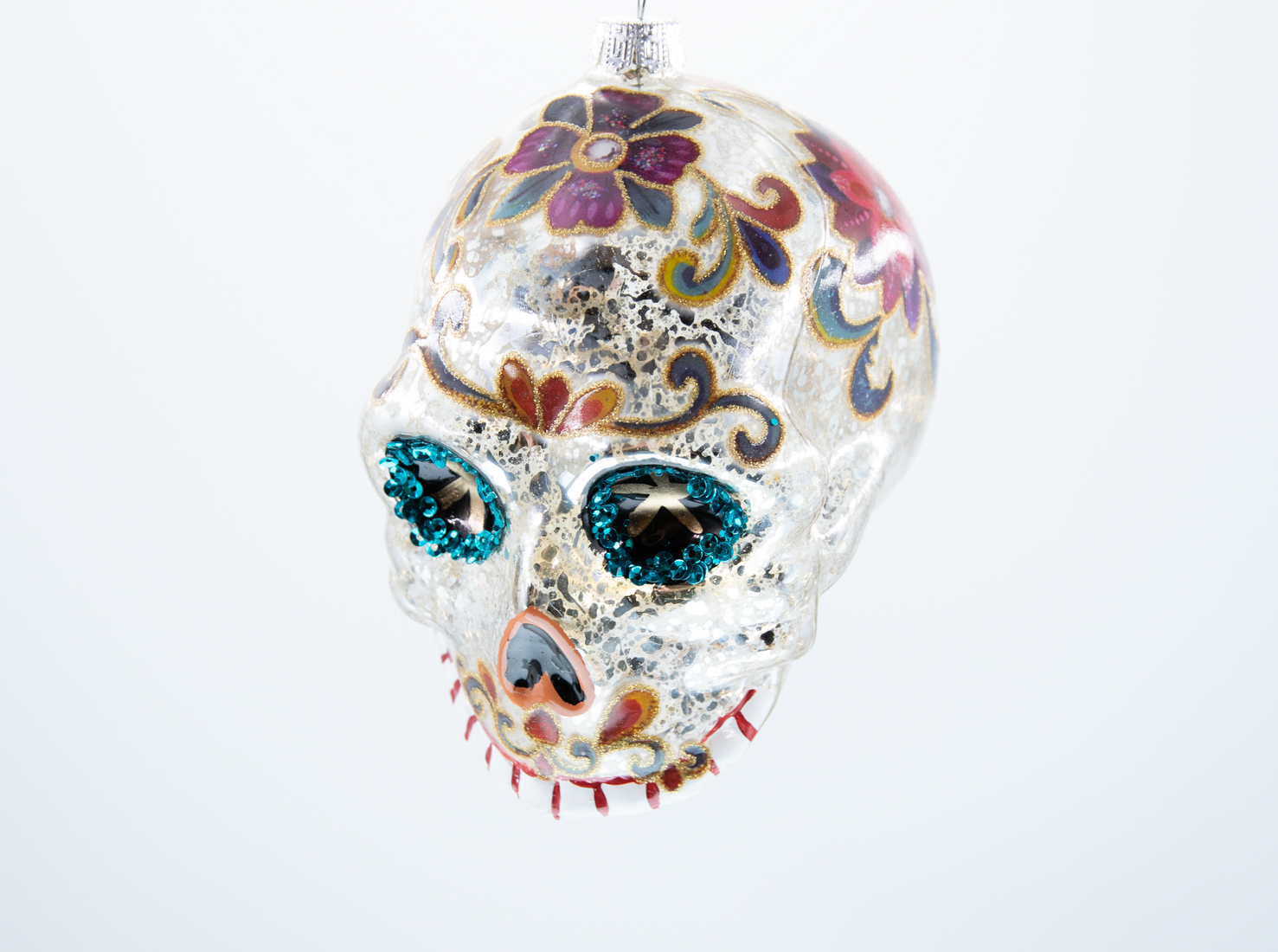 Weihnachtsschmuck Hänger Glas Totenkopf mit Blumenmuster