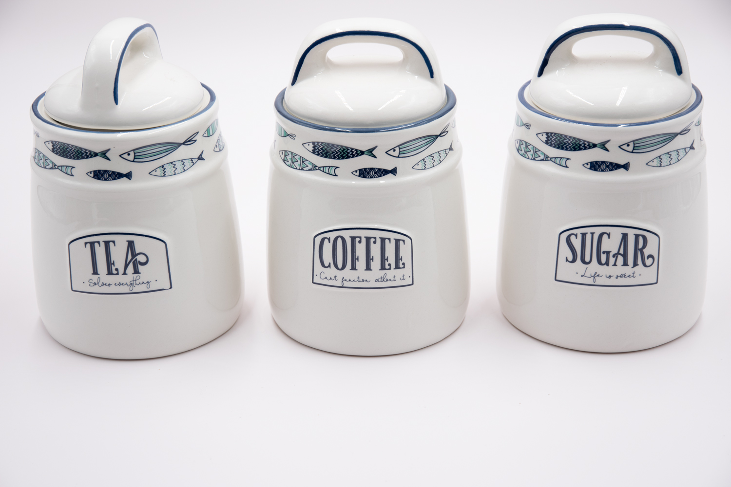 Kaffee-, Tee- & Zuckerdose 3er Set Keramik Maritim Fisch Landhausstil