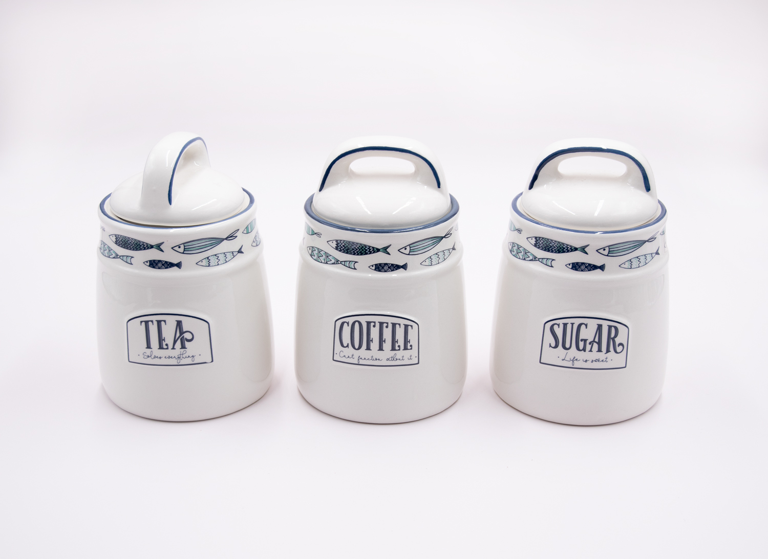 Kaffee-, Tee- & Zuckerdose 3er Set Keramik Maritim Fisch Landhausstil