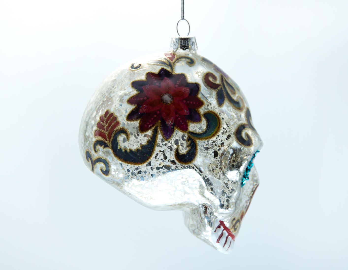 Weihnachtsschmuck Hänger Glas Totenkopf mit Blumenmuster